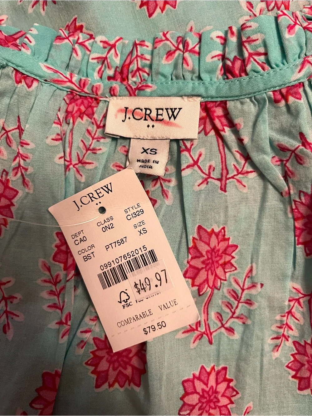 J. Crew Mint Green Floral Cap Sleeve Blouse